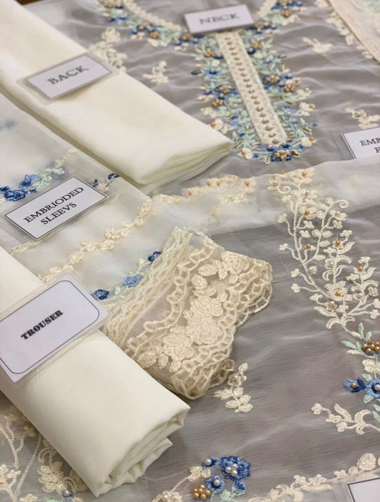 chiffon embroidered hand emblishment unstitched 3pc✓