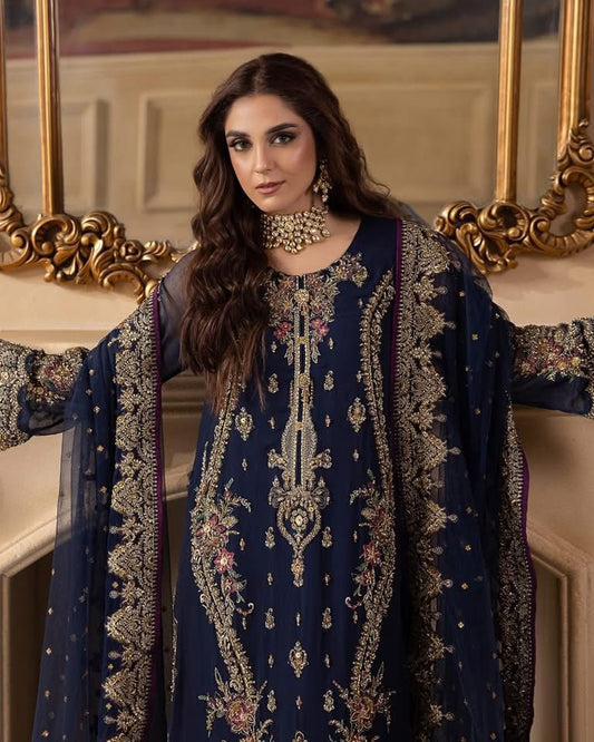 chiffon viscos thread embroidered hand embellished luxury wedding unstitched 3pc✓