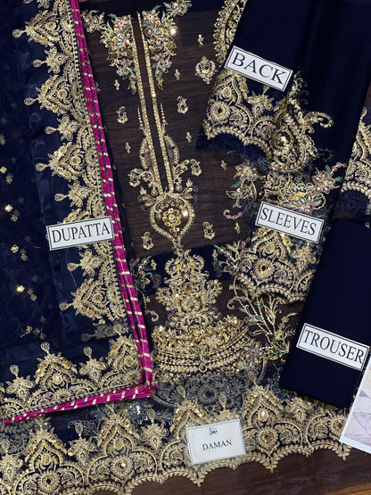 chiffon viscos thread embroidered hand embellished luxury wedding unstitched 3pc✓