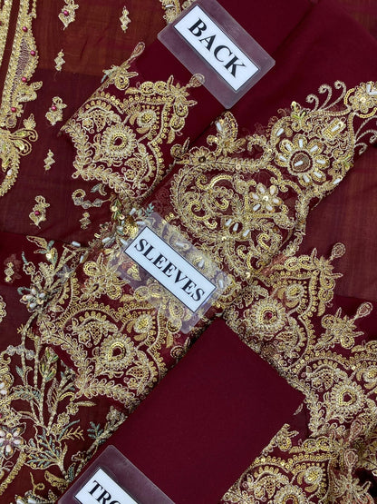 chiffon viscos thread embroidered hand embellished luxury wedding unstitched 3pc✓