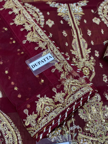 chiffon viscos thread embroidered hand embellished luxury wedding unstitched 3pc✓