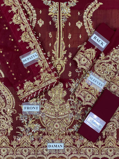 chiffon viscos thread embroidered hand embellished luxury wedding unstitched 3pc✓