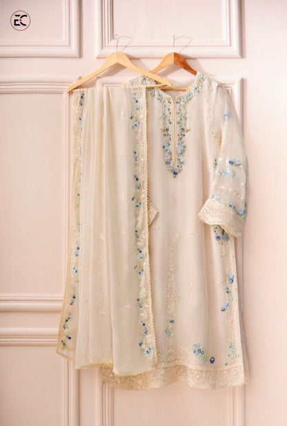 chiffon embroidered hand emblishment unstitched 3pc✓
