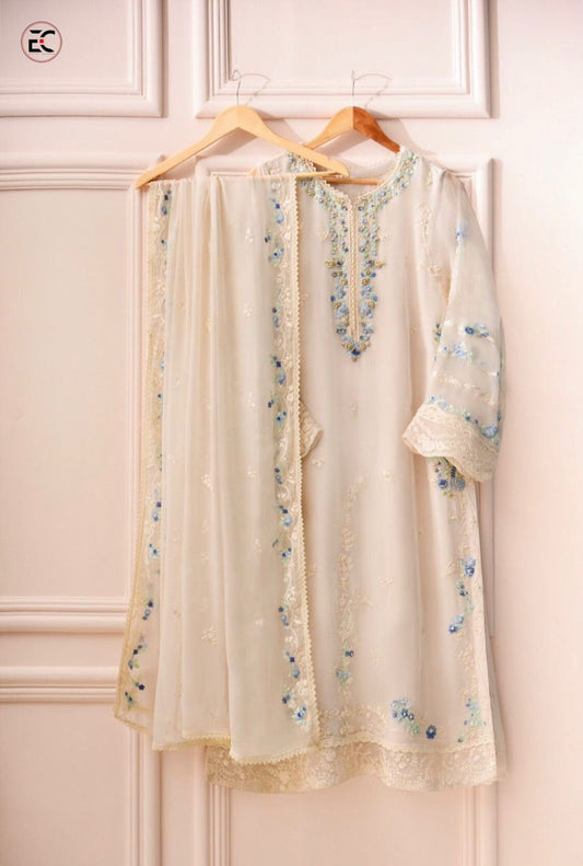 chiffon embroidered hand emblishment unstitched 3pc✓