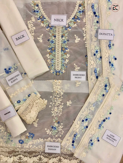 chiffon embroidered hand emblishment unstitched 3pc✓