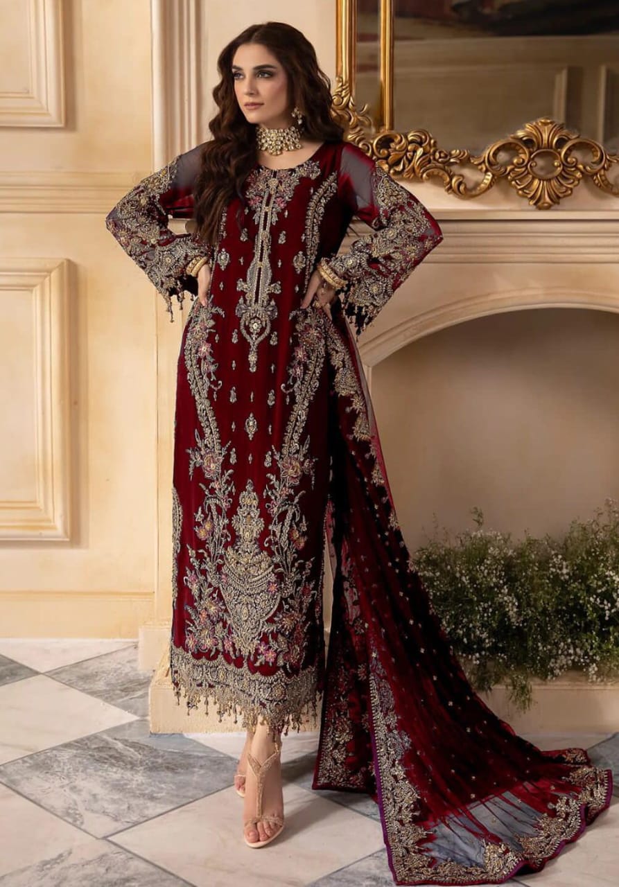 chiffon viscos thread embroidered hand embellished luxury wedding unstitched 3pc✓