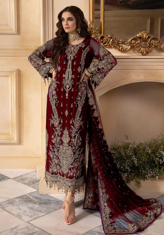 chiffon viscos thread embroidered hand embellished luxury wedding unstitched 3pc✓